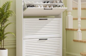 BonVache Shoe Storage Cabinet, Shoe Organizer Cabinet with 3 Flip Louvered Doors, Narrow Wooden Shoe Rack Cabinet with Adjustable Dividers For Hallway, Entreway, Living Room,White