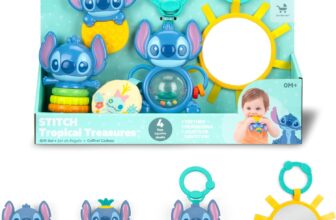 Bright Starts Disney Baby Stitch Tropical Treasures Gift Set with 4 Stitch Inspired Toys Including Baby-Safe Mirror and Teether, Newborns & Up