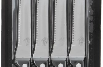 Chef Aid Stainless Steel Serrated Steak Knife Set, Set of 4 Durable Multipurpose Kitchen Knives with Comfort Grip, Ergonomic – Non-Slip, Rust Resistant, Sharp Dinner Table Knife Set, Black