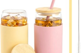 EVERGOODS 2-Set Reusable Can-Shaped Glass Cups with Bamboo Lids & Glass Straws Beige & Pink Borosilicate Tumblers for Smoothies, Juice, Beer, Soda, Tea (Beige Pink)