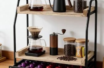 EVERGOODS Coffee Station Organizer with Coffee Pod Drawer, 2-Tier Kitchen Countertop Shelf, Wooden Coffee Bar & Tea Station with Capsule Holder for Nespresso & Dolce Gusto Pods