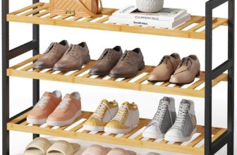 Kitsure Bamboo Shoe Rack 3-Tier Bamboo Wooden Shoe Rack with Built-in Handle, Easy Assembly Shoe Storage for Entryway, Closet or Bedroom (70 65 25 cm, Natural/Black)