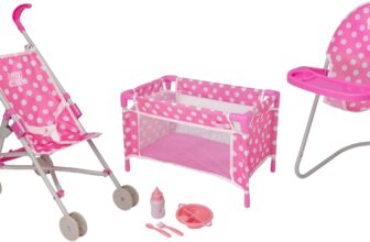 Nursey Playset 7 Piece Nursery Playset Doll Highchair, Crib, Doll Car Seat & Reusable Cutlery Set Prams, Pushchairs and Dolls Accessories for Boys & Girls Age 3