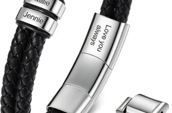 Personalized Mens Leather Bracelet with Name Engraved PU and Stainless Steel Bracelet for Dad Husband Grandpa Gift for Fathers Day, Birthday, Christmas