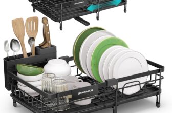 SONGMICS Dish Drainer Rack, Large Extendable Draining Board Rack for Small Spaces, 360 Rotating Extendable Spout, Kitchen Sink Drainer, Steel, 46.5 x 29.6 x 14 cm, Ink Black KCS556BH01