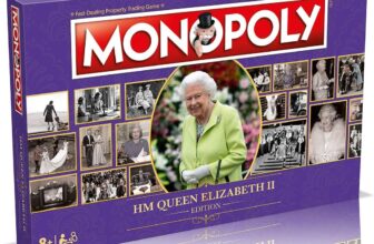 Winning Moves HM Queen Elizabeth II Monopoly Board Game, tour key moments in Her Majestys life, Collect Royal Residence, Horses, Corgis and Weddings, gift for ages 8 plus