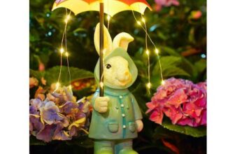 Yeomoo Solar Blue Bunny Ornament Holding Umbrella with String Lights