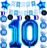 10th Birthday Decorations for Boys Girls,32 Inch Number 10 Foil Balloons with Swirl Decorations Happy Birthday Banner and Star Foil Balloons 10PCS Confetii and Latex Balloon Blue