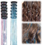 12 Pcs 20 Inch Clip-in Hair Tinsel Pack, Sky Blue & Rainbow Glitter Strands with Easy Snap Clips, Heat-Resistant Fairy Hair Extensions for Women Girls Party & Festival Dazzle Accessories
