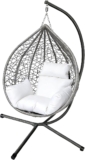 150kg Egg Swing Chair, Foldable Design with 6 Cushion Color Combinations, PE Wicker & Anti-Rust Steel Frame, 115x65x105cm Size, Easy Assembly for Patio/Bedroom Use (Grey seat white cushion)