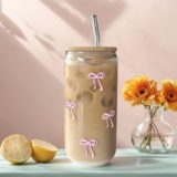 16oz Glass Cups with Lids and Straws, Cute Tumbler Cup Drinking Glasses for Smoothie, Iced Coffee, Juice, Soda, Drinks