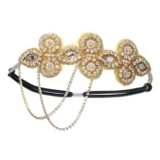 1920s Flapper Headband with Gold Flower Rhinestone Tassels and Pearls