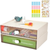 2 PCS Desktop Storage Boxes with 2 Drawers, Stackable A4 Paper Plastic Storage Drawers with Handle and Labels, Large Office Supplies Storage Organiser Units for Stationery, Makeup (L-2White)