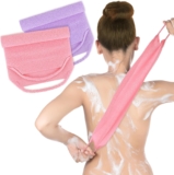 2 Pack Exfoliating Back Scrubber for Shower, Nylon Wash Scrubber Cloth with Handles, Body Scrubber Towel for Deep Cleansing and Removing Dead Skin (Includes Pink & Purple)