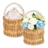 2-Pack Flower Girl Basket with Pearl Handle, Wicker Rattan