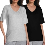 2 Pack Womens T-Shirts Soft V-Neck Short Sleeve Tops, Lightweight Casual Loose Fit Tees Solid Colour Summer Blouses