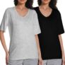2 Pack Womens T-Shirts Soft V-Neck Short Sleeve Tops, Lightweight Casual Loose Fit Tees Solid Colour Summer Blouses