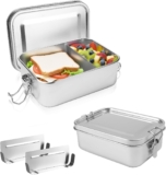 2 Pcs Stainless Steel Lunch Box, 850ML Bento Boxes with 3 Adjustable Dividers, Leakproof Metal Food Storage Meal Prep Container for Adults Kids Office School Work Picnic Travel Salad Leftover