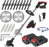 21V Cordless Strimmer, Telescopic Lightweight Grass Trimmer with 6xMetal Blades & 10xPlastic Blades, 2 x 2000mAh Battery, Electric Garden Strimmer Grass Cutter for Lawn Edger Pruning Weed