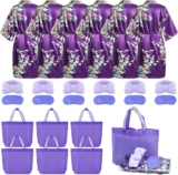 24 Pcs Party Supplies for Girls Purple Spa Robes Set with Headbands Masks and Tote Bags for Birthday or Spa Theme Party Favour