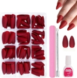 240Pcs Red Fake Nails Set – Wine Red Almond Press on Nails – Medium Burgundy False Nails With Glue – Matte Finish Stick On Nails for Women DIY At Home Manicure Quick Apply