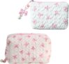 2Pcs Quilted Makeup Bag for Handbag Elegant Small Cosmetic Pouch with Bow Cute Travel Makeup Organizer Toiletry Bag for Women Girls