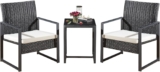 3 PCS Rattan Garden Furniture Set, White Cushioned Bistro Set with Coffee Table & 2 Chairs, Outdoor Patio Furniture for Garden, Balcony, Poolside