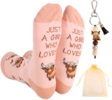 3 Pcs Highland Cow Gifts for Women, Highland Cow Socks Keyring, One Size Crew Sock, Silicone Cute Animal Keyring with Beads & Tassel, Just A Girl Who Loves Gifts