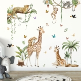 3 Piece Set Spring Forest Animals Wall Stickers, Leopard Giraffe Monkey Peel and Stick Animal Wall Art Decals for Baby Nursery, Kids Bedroom, Living Room