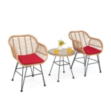 3 Pieces Patio Bistro Set Outdoor PE Rattan Armchairs w/Tempered Glass Table