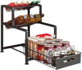 3 Tier Free Standing Spice Rack, Multi-functional Adjustable Kitchen Supplies Organizer, Black Metal Pull Out Seasoning Rack with Non-Slip Base for Kitchken Cupboard Cabinet Countertop