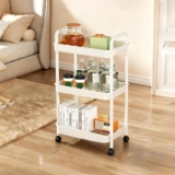 3 Tier Storage Trolley Cart Rolling Utility Storage Cart Kitchen Trolleys Bathroom Storage Shelves with 3 Hooks Plastic No Screws Needed for Living Room Bathroom Kitchen Office Laundry Room (White)