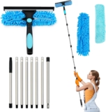 3.1M/122 Long Reach Window Cleaning Equipment, 3 in 1 Telescopic Window Cleaner, 270 Rotating Squeegee Window Cleaning Kit with 8 Extendable Pole for Indoor/Outdoor High Window, Blue
