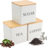 3PCS Tea Sugar Coffee Canister Set, 500ml Kitchen Tins with Airtight Bamboo Lids, Stackable Storage Jar Suitable for Coffee Beans, Tea, Sugar, Flavourings, Cereals, Snacks