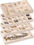 4 Pieces Jewellery Organiser Trays, 21×12.5×2.5cm Stackable Jewellery Drawer Organiser, Drawer Jewelry Divided Storage Holder for Necklaces, Bracelets, Earrings, Rings, Brooches and Hairpins(Beige)