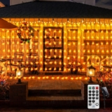 4M X 1M Curtain Lights Solar Fairy Lights Outdoor, 200LED Backdrop Curtain Light Waterfall Wall Light Solar Light with Remote,Timer,8Mode,Waterproof for Gazebo, Balcony,Hanging,Warm White