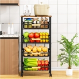 5-Tier Kitchen Trolley on Wheels-Vegetable Storage Rack with Wooden Top, Lockable Wheels & Stackable Baskets, Mobile Organizer for Kitchen, Pantry, Office (Black)