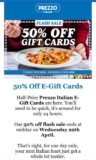 50% off Prezzo eGift Cards – e.g. £10 for £5 – Valid for Dine-In Only – Must be Redeemed by 30Jun26