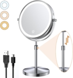 8 Rechargeable Lighted Vanity Mirror, 1X/10X Magnifying Makeup Mirror with LED Lights, Height Adjustable, 3 Colour Brightness, Touch Control 360 Swivel, for Women Girls