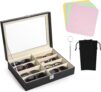 8 Slot Leather Eyeglass Sunglass Storage Box, Sunglasses Organizer with Clear Glass Display, Sunglasses Storage Box with Drawstring Pouch Cleaning Cloth Screwdriverfor Women and Men(Black)