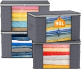 90L Large Capacity Clothes Storage Bags with Zips, Storage Boxes with Lids, Reinforced Handle, Foldable, Thick Fabric, for Comforters, Clothes, Blankets, Bedding, 4 Pack, Dark Grey