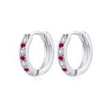 925 Sterling Silver Hoop Earrings, Small Sleeper Huggie, Fuchsia Zirconia