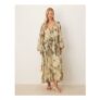 ASOS DESIGN v Neck Smock Midi Dress with Ruffles in Green Abstract Print