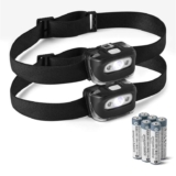 Amazon Basics LED Headlamp with 7 Light Modes, Adjustable Camping Headlight with Red Safety Light, Batteries Included, Black – 2 Pack