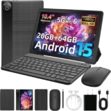 Android 15 Tablet, 10.4 inch Tablet, Android Tablets with Keyboard Pen Case Mouse Earphone, 20GB RAM64GB ROM (TF 1TB), 5000mAh, WiFi 6, BT5.4, Dual Cameras & Speakers, Black