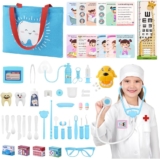 Aomig Doctors Set for Kids, Dentist Toys 58Pcs Wooden Nurse Costume, Children Medical Playset Teeth Care Play Set with Stethoscope Toys, Medical Kit Pretend Role Play Gifts for 3 Year Old Boys Girls