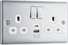 BG Electrical 12W Double Switched Power Wall Plug Socket with Type A and Type C USB Charging Ports, Nexus Metal, Polished Chrome, 13A