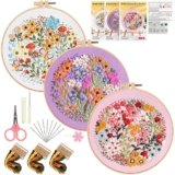 BRTNUP Embroidery Kit for Adults Beginners, 3 Pack DIY Embroidery Kit for Beginners with Fabric Hoop Thread & Needles Starter Hand Flower Embroidery Kits for Adults Sewing Gift Set for Women & Teens