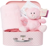 Baby Box Shop Newborn Baby Gift Set Baby Hamper with Pink Teddy Bear, 16 x Milestone Cards & Soft Fleece Blanket Ready to Gift for Baby Showers for Newborn Girls