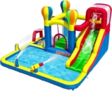 Ballsea Bouncy Castle, Inflatable Bounce House Water Slide with Surprise Dump Bucket, Double Splashing Pools, Climbing Wall, Water Sprayers, Cannons and Blower for Kids Outdoor Indoor Play